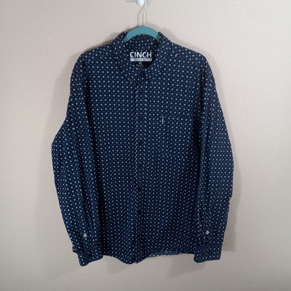 Cinch Modern Fit Mens XL Navy Blue Geometric Diamond‎ Print Button Down Shirt